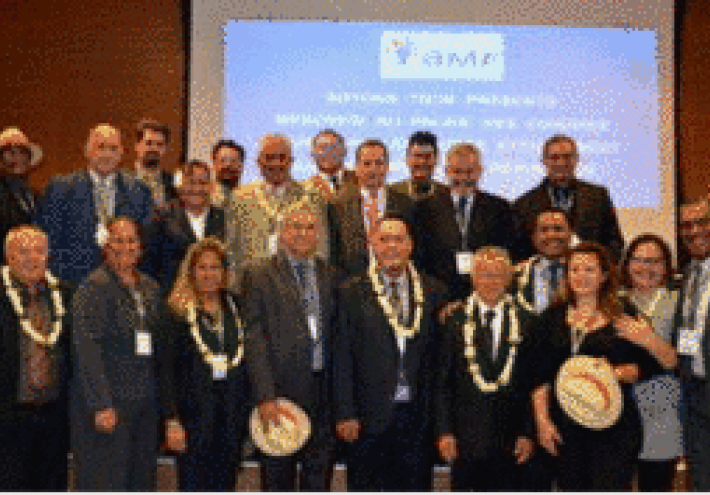 Les délégations des maires et des élus municipaux de Nouvelle-Calédonie et de Polynésie française rassemblés dans la salle de conférence de l'AMF à Paris.